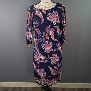 Vince Camuto Navy Blue Floral Sheath Dress 3/4 Sleeve Size 8